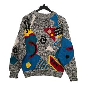 Vintage Abstract Patterned Gray and Blue Sweater